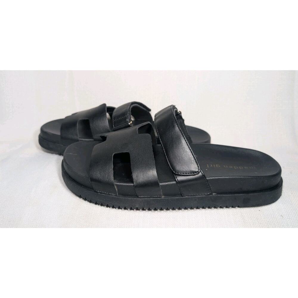 Madden Girl Women's Black Leather Flatform Sandal Slides Sz‎ 8.5 Mayven Strutt